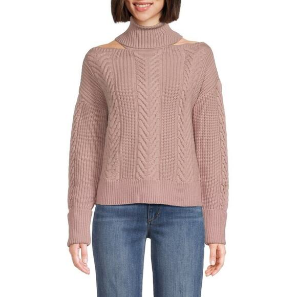 PAIGE Lorilee Cold Shoulder Wool Blend Chunky Turtleneck Sweater Rose L $299 NWT - Picture 2 of 4